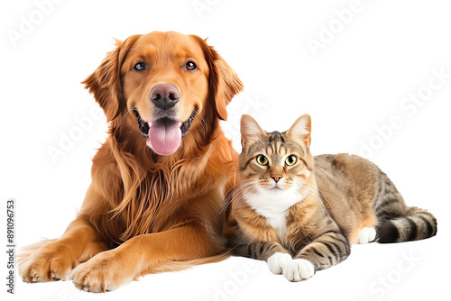 Portrait of Happy dog and cat that looking at the camera together isolated on transparent background, friendship between dog and cat, amazing friendliness of the pets