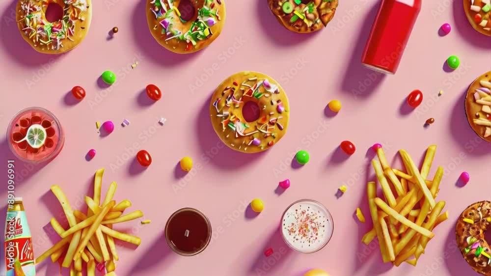 Popular Junk Food: Burgers, Pizza, Donuts, Fries, and Sugary Drinks Popular Junk Food: Burgers, Pizza, Donuts, Fries, and Sugary Drinks