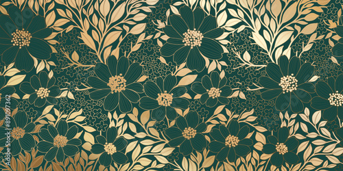 Golden Metallic Foiled Contour Flowers and Leaves on Brunswick Green Color Backdrop. Luxurious Art Deco Wallpaper Design for Print, Poster, Cover, Banner, Invitation, Package, Beauty Products.