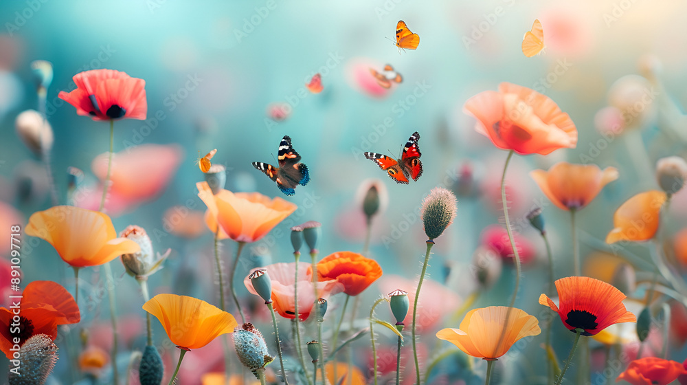 Obraz premium Beautiful colorful flower meadow with multi-colored poppies and fluttering butterflies in nature in spring and summer on light turquoise background close-up with soft focus