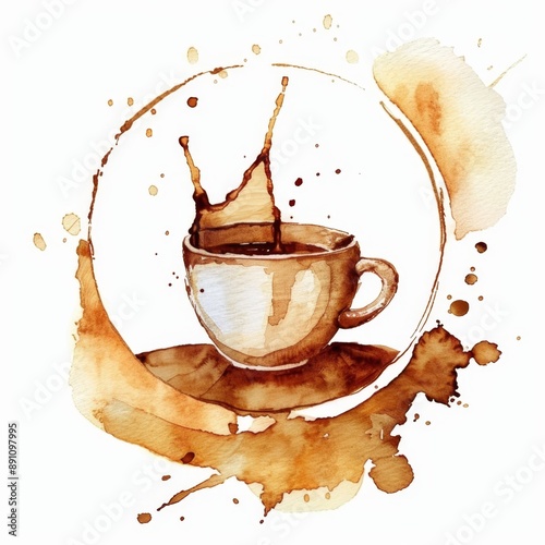 Elegant Watercolor Coffee Cup Stain: Abstract Brown Circular Frame with Splashes and Droplets on White Background. Artistic Illustration for Cafe Branding, Coffee Shop Decor, Card Designs, and High-Re