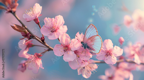 Beautiful pink butterfly and cherry blossom branch in spring on blue sky background, soft focus. Amazing elegant artistic image of spring nature, frame of pink Sakura flowers and butterfl