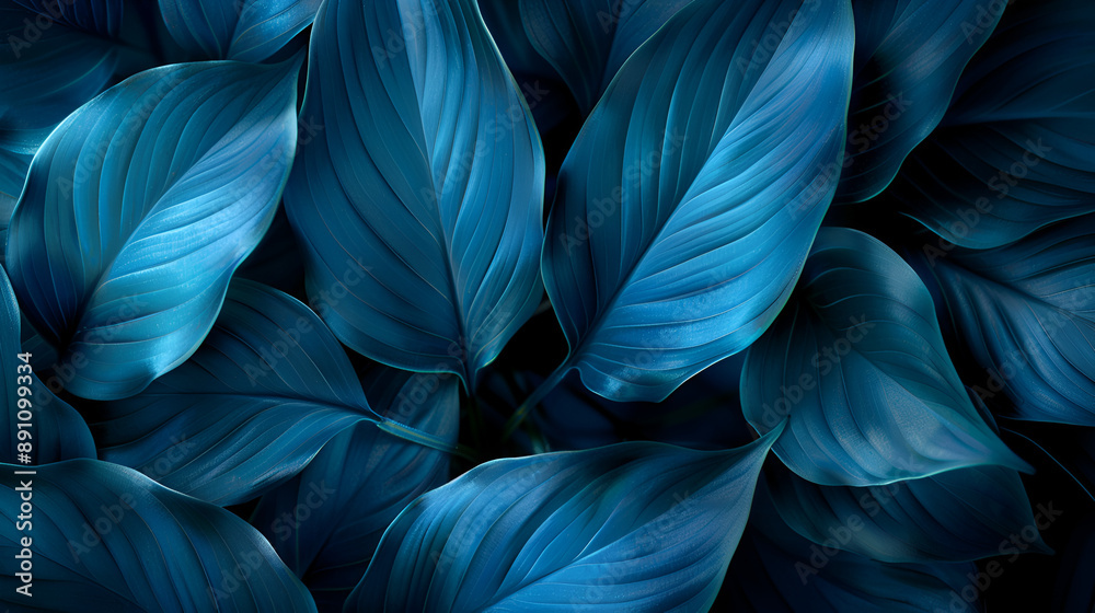 Fototapeta premium Close-up detail macro texture bright blue green leave tropical forest plant spathiphyllum cannifolium in dark nature background.Curve leaf floral botanical abstract desktop wallpaper,websit