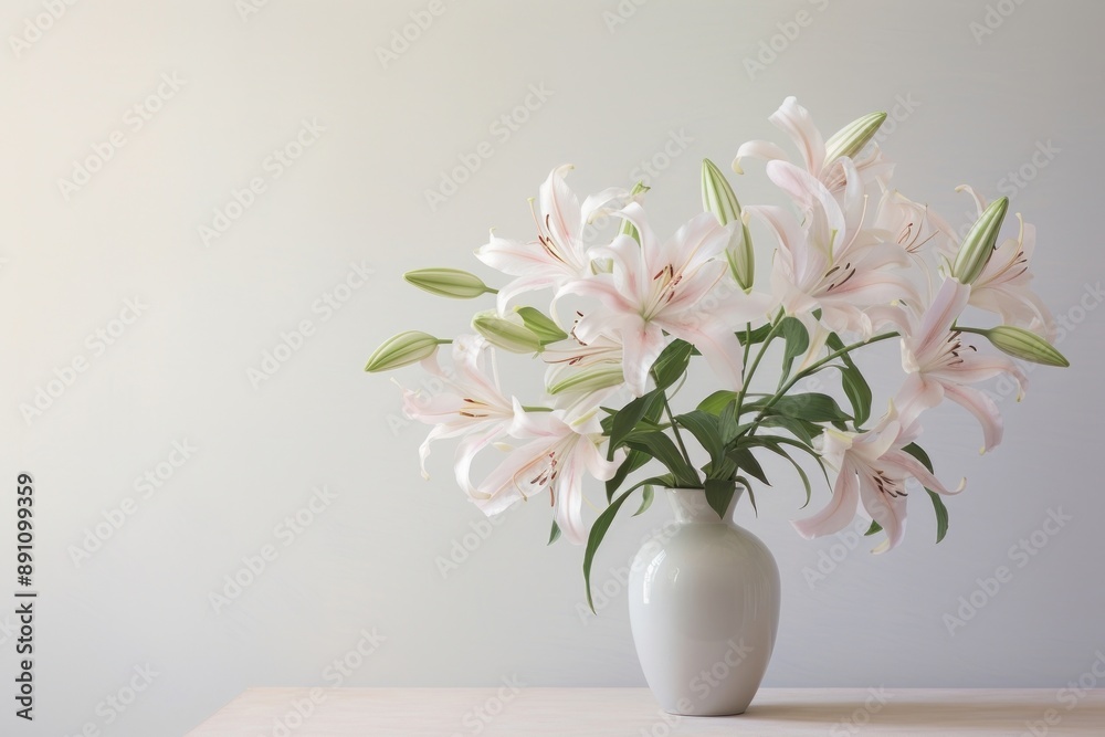 A close up on pale a lilys in a vase blossom flower plant. A close up on pale a lilys in a vase blossom flower plant.