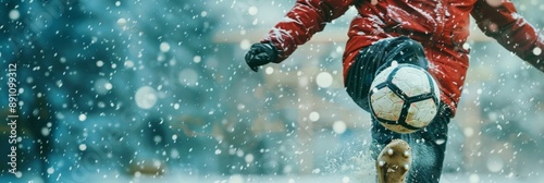 Winter Football: Athlete Kicking Soccer Ball in Snowy Weather - A lone athlete kicks a soccer ball in the snow. The photo captures the athlete's determination, winter sports, cold weather, and a love  photo