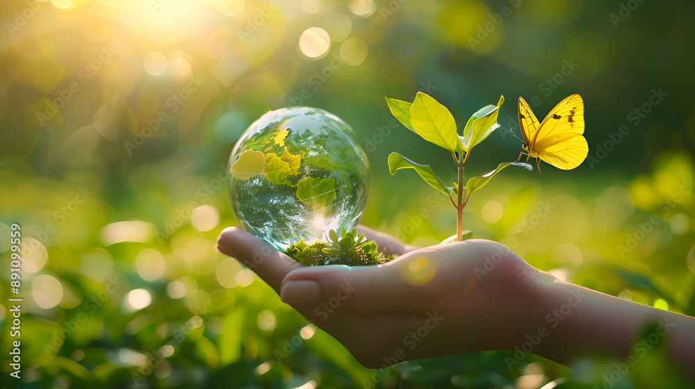 Earth crystal glass globe ball and growing tree in human hand, flying yellow butterfly on green sunny background. Saving environment, save clean planet, ecology concept. Card for World Eart
