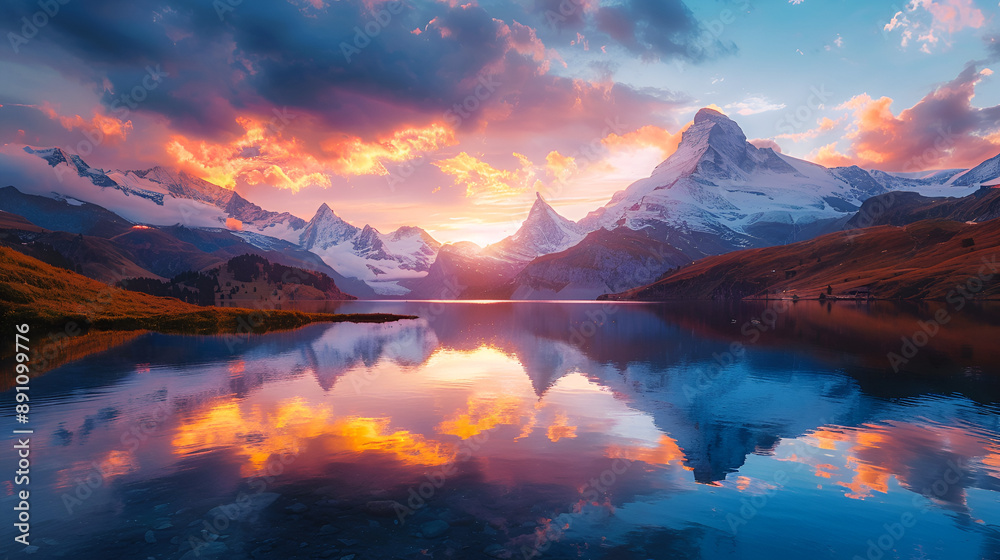 Fototapeta premium Fantastic evening panorama of Bachalp lake Bachalpsee, Switzerland. Picturesque autumn sunset in Swiss alps, Grindelwald, Bernese Oberland, Europe. Beauty of nature concept background