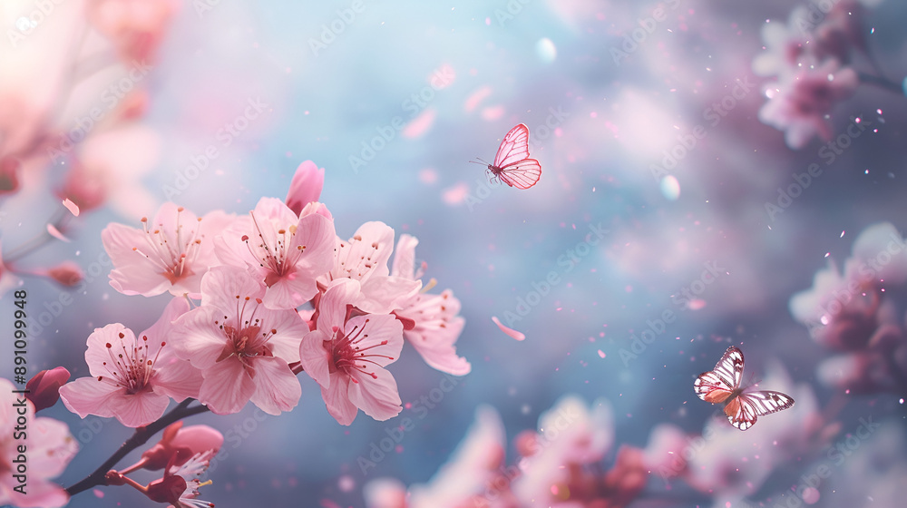 Frame of branches of blossoming cherry against background of blue sky and fluttering butterflies in spring on nature outdoors. Pink sakura flowers soft focus, dreamy romantic image of spr Frame of branches of blossoming cherry against background of blue sky and fluttering butterflies in spring on nature outdoors. Pink sakura flowers soft focus, dreamy romantic image of spr