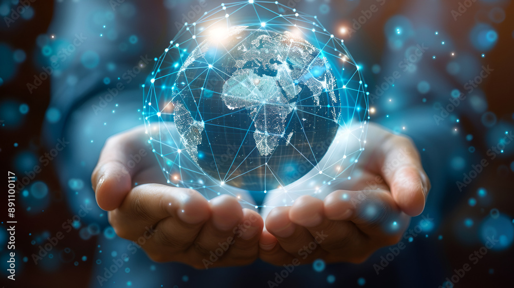 Global communication network. Hands holding crystal earth globe and circle global network connection.Energy and ecology concept. Protecting earth planet and development ecological energy Global communication network. Hands holding crystal earth globe and circle global network connection.Energy and ecology concept. Protecting earth planet and development ecological energy