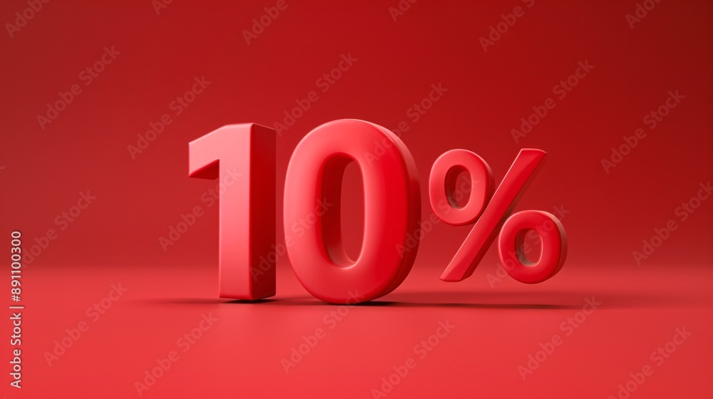 3D graphic of red digits with 10% off sale on red backdrop for business presentation. 3D graphic of red digits with 10% off sale on red backdrop for business presentation.