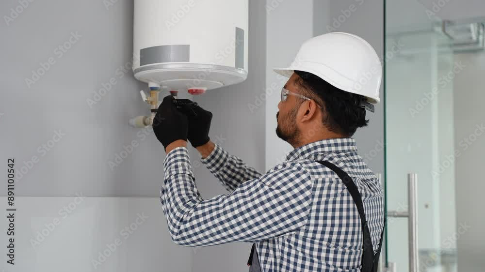 Indian engineer installing a natural gas boiler at home and checking the pipes