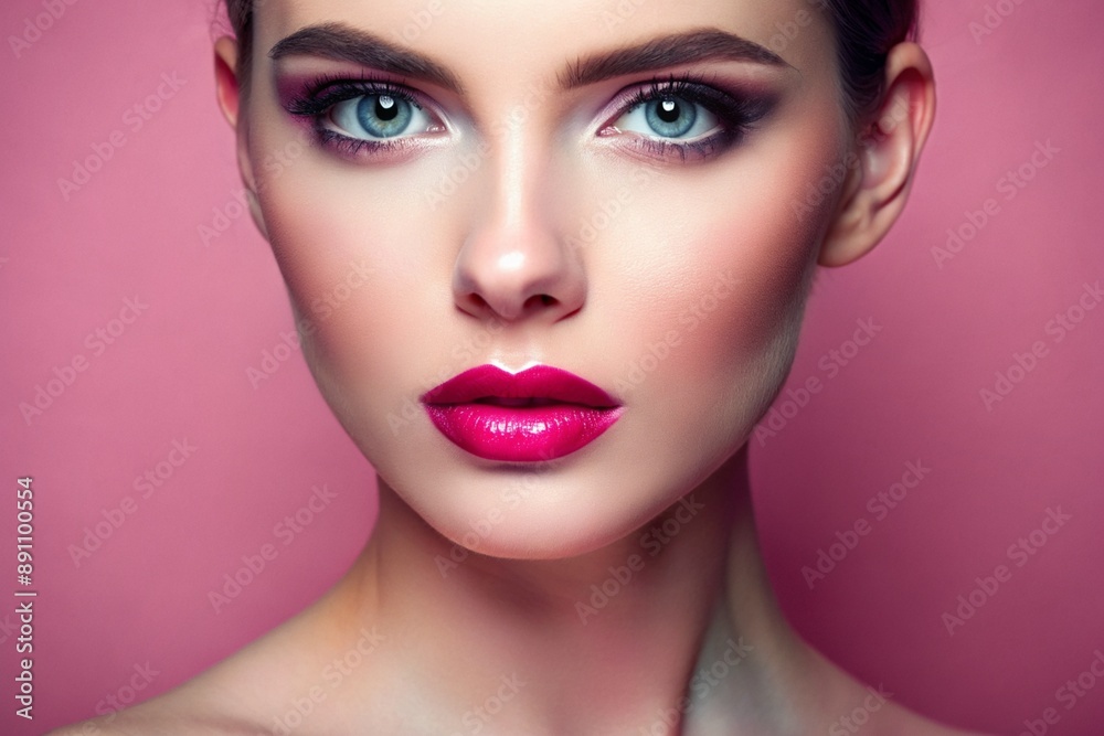 A woman with a pink background and a pink lip color A woman with a pink background and a pink lip color
