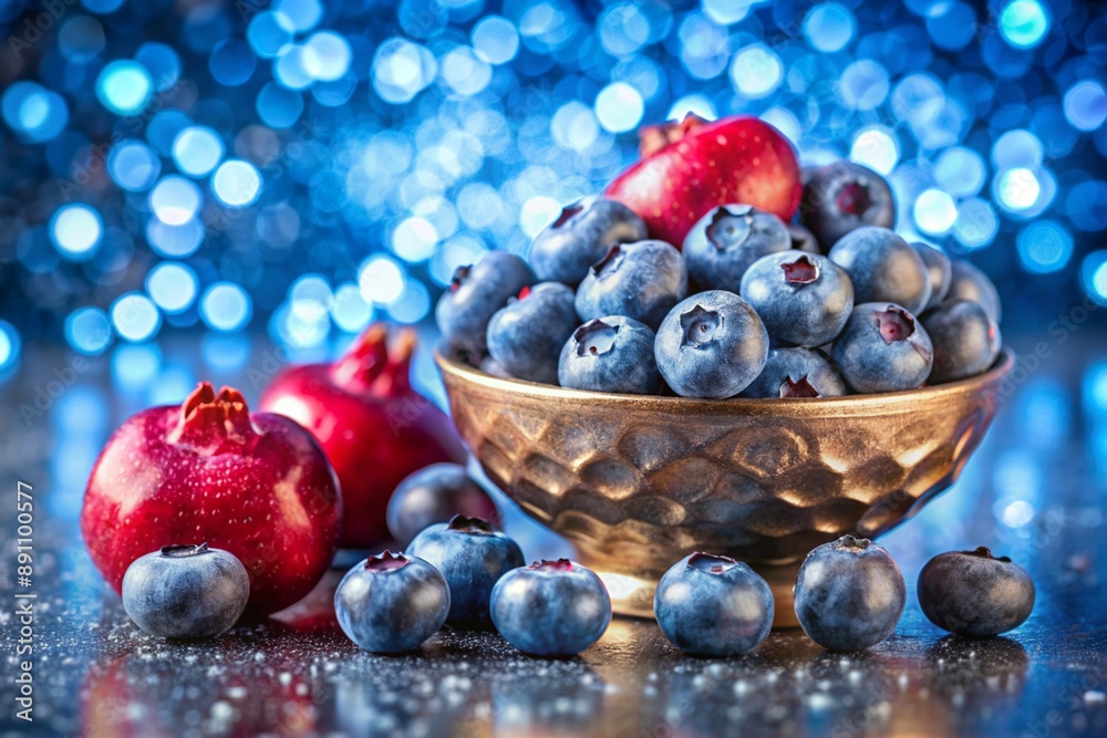 A bowl of blueberries and a red fruit A bowl of blueberries and a red fruit
