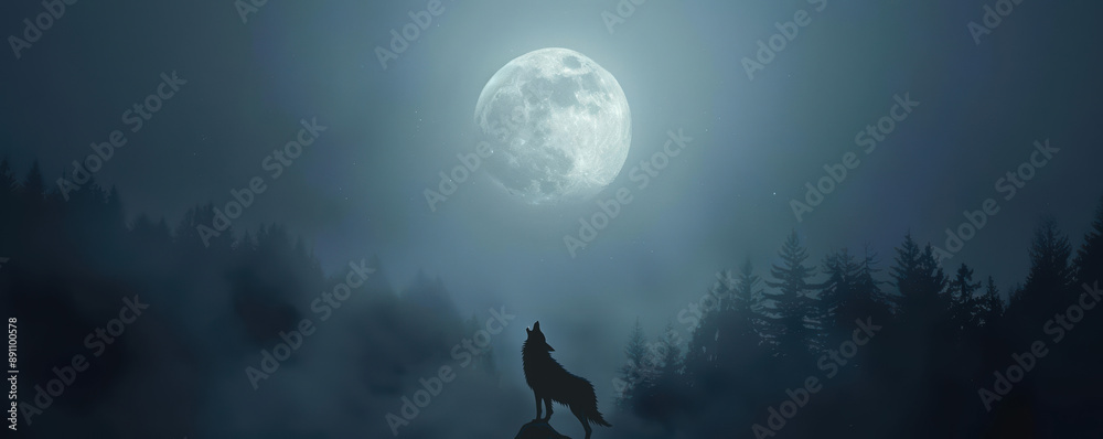 Silhouette of a person standing in a foggy forest with a full moon in the sky. Silhouette of a person standing in a foggy forest with a full moon in the sky.