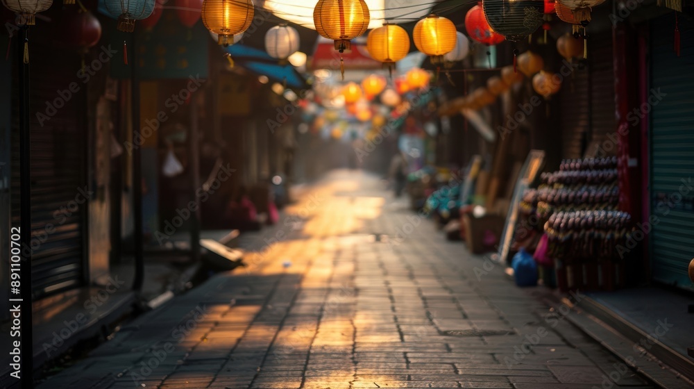 A narrow alleyway in a bustling Asian market, with colorful stalls and hanging lanterns, leading deeper into the lively scene
