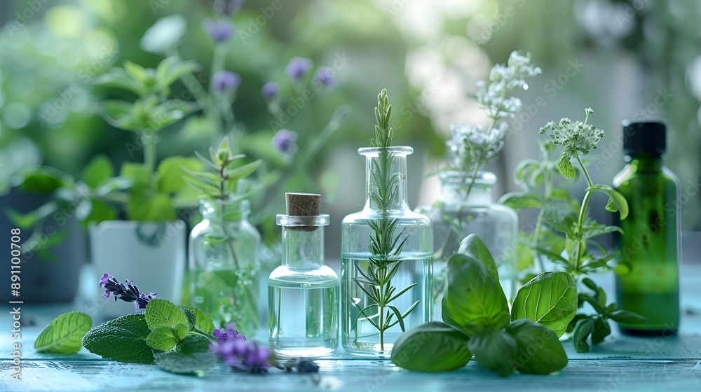 Natural drug research, Natural organic and scientific extraction in glassware, Alternative green herb medicine, Natural skin care beauty products, Laboratory and development concept Natural drug research, Natural organic and scientific extraction in glassware, Alternative green herb medicine, Natural skin care beauty products, Laboratory and development concept