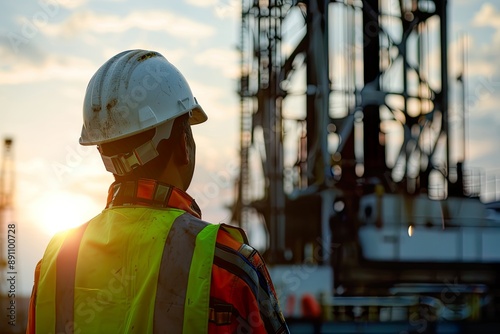 Worker in Hard Hat at Petroleum Drilling Site