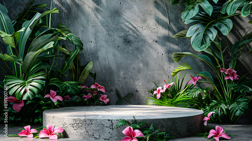 Natural stone and concrete podium in tropical forest with flowers. Empty showcase for packaging product presentation. Background for cosmetic products, scene with green leaves. Mock up pede photo