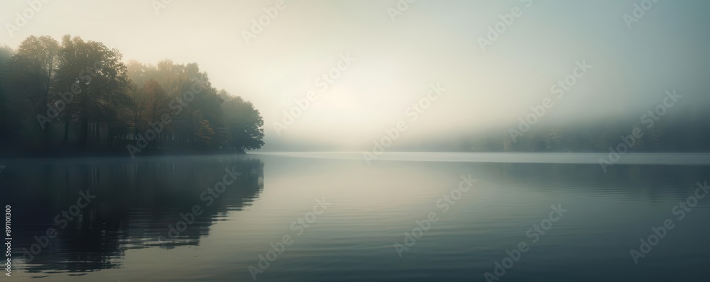 Tranquil lake scene with a misty morning fog and trees reflected in the water. Tranquil lake scene with a misty morning fog and trees reflected in the water.