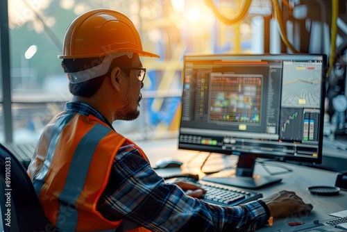 Petroleum Engineer Analyzing Drilling Data on Computer