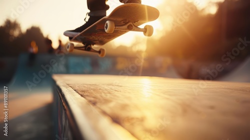 Close-up of skateboarder performing a trick in a skatepark. photo