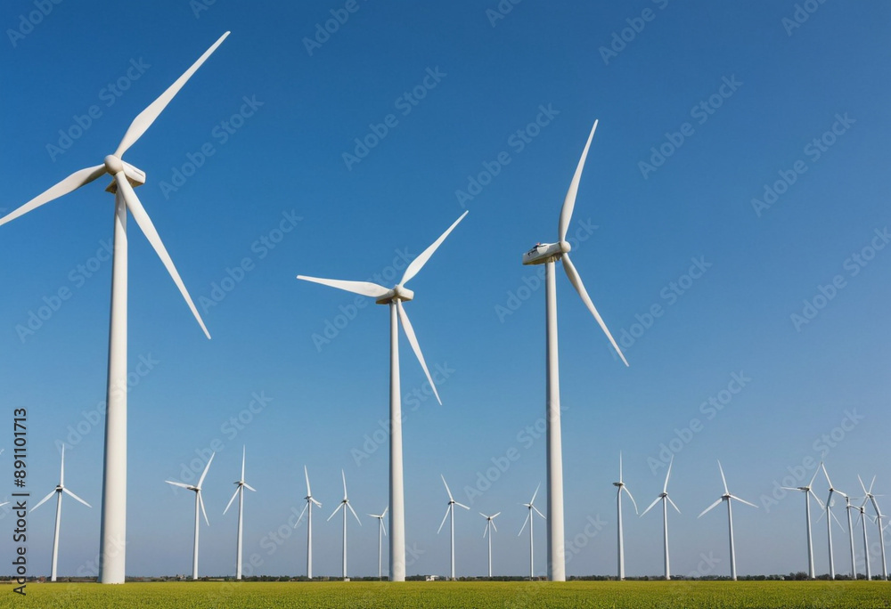 Wind turbines spinning against a blue sky. Wind turbines spinning against a blue sky.