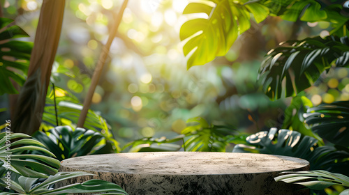 Stone podium table top floor on outdoors blur monstera tropical forest plant nature background.Organic healthy natural product placement pedestal display,spring or summer jungle concept