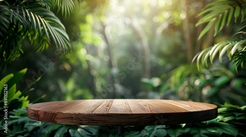 Table top wood counter floor podium in nature outdoors tropical forest garden blurred green jungle plant background.natural product present placement pedestal stand display,spring or summ