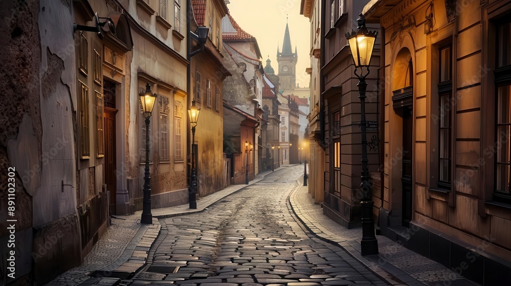 Fototapeta premium A cobblestone street in Prague, lined with historic buildings and street lamps