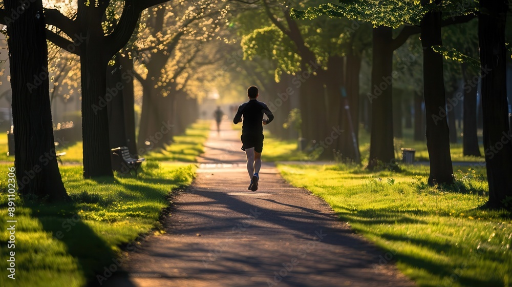 Fototapeta premium A jogger running along a tree-lined path in a city park
