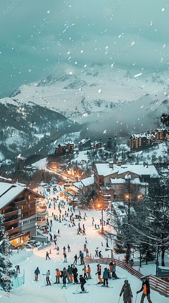 A ski resort bustling with activity, with skiers and snowboarders on the slopes A ski resort bustling with activity, with skiers and snowboarders on the slopes