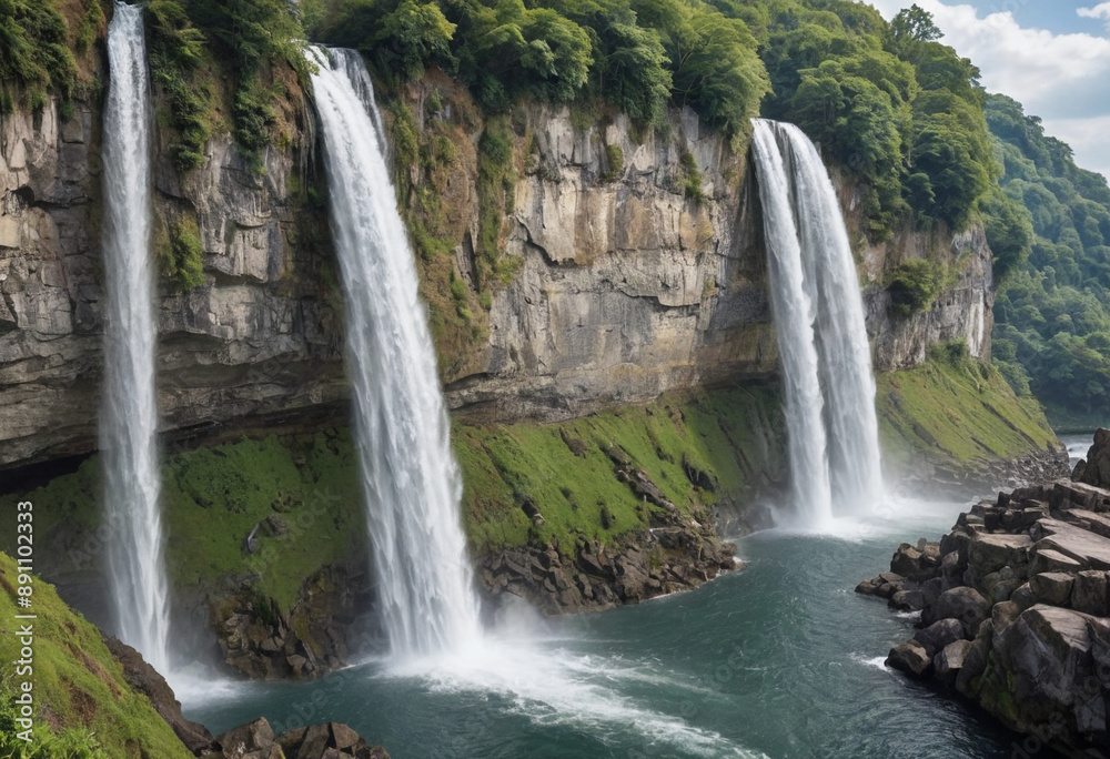 Obraz premium Majestic waterfall cascading down a cliff. 
