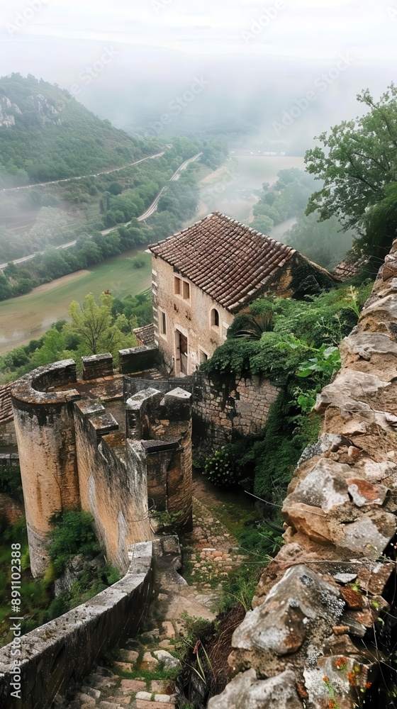A historic fortress overlooking a serene valley A historic fortress overlooking a serene valley