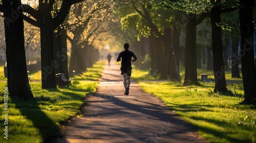 A jogger running along a tree-lined path in a city park