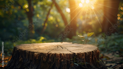 Tree trunk stump as a table in a nature garden park on holiday. With a drooping tree branch, trunk with a smooth surface, to show your products, trees and sunlight in background