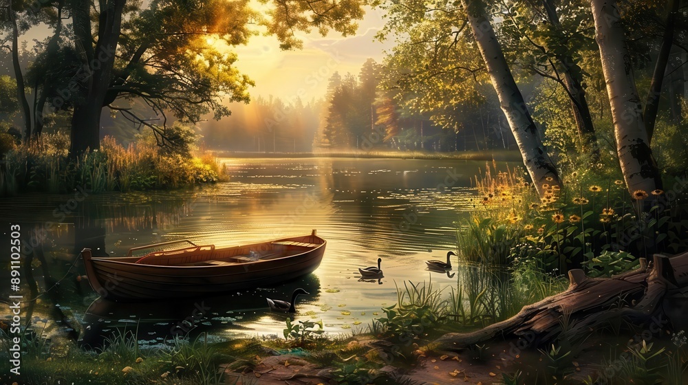 Obraz premium A peaceful pond with ducks swimming and a rowboat on the shore