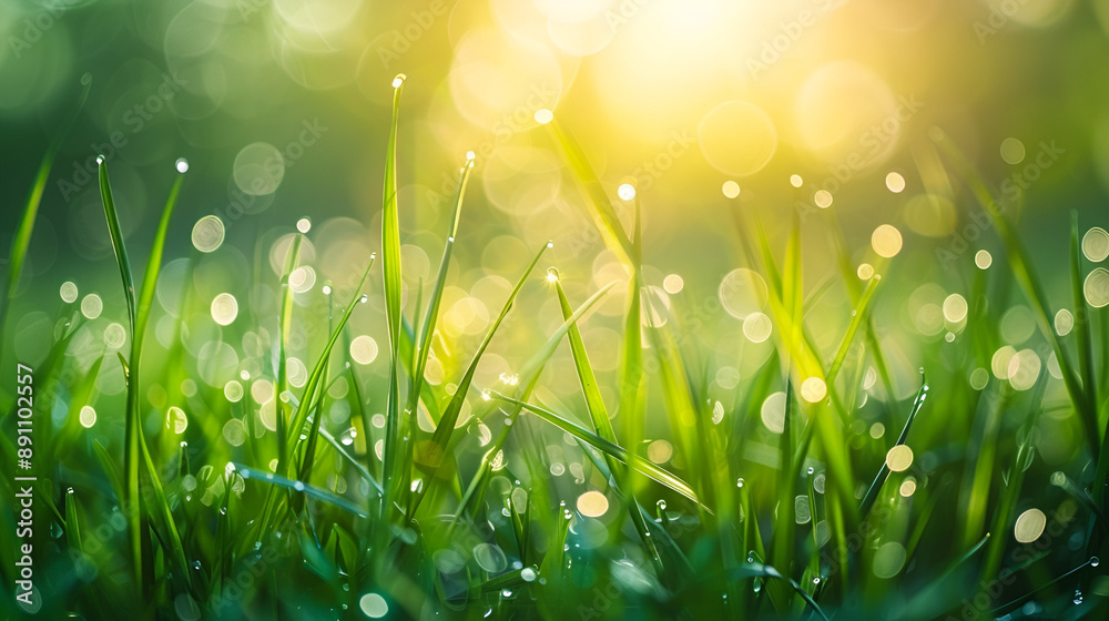 Very beautiful wide-format photo of green grass close-up in an early spring or summer morning, with dew or rain drops on the blades of grass and light bokeh in the morning sun Very beautiful wide-format photo of green grass close-up in an early spring or summer morning, with dew or rain drops on the blades of grass and light bokeh in the morning sun