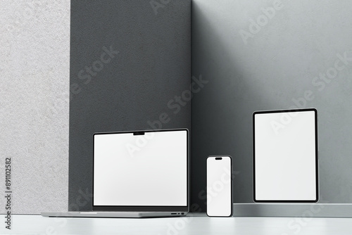 Blank Smartphone, Tablet And Laptop Mockup Side View Angle 
