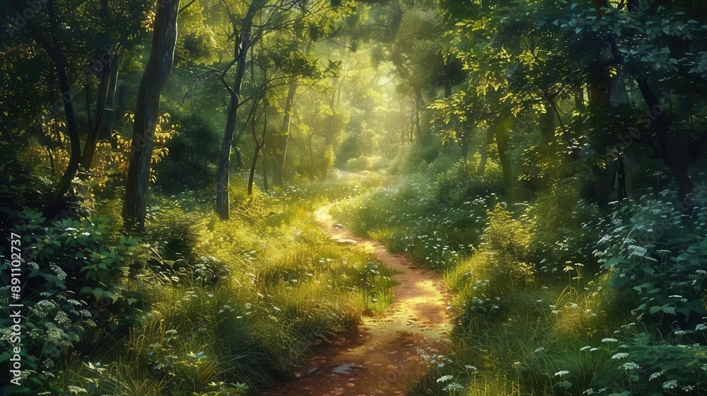 Obraz premium A winding path through the dense undergrowth, with sunlight filtering through