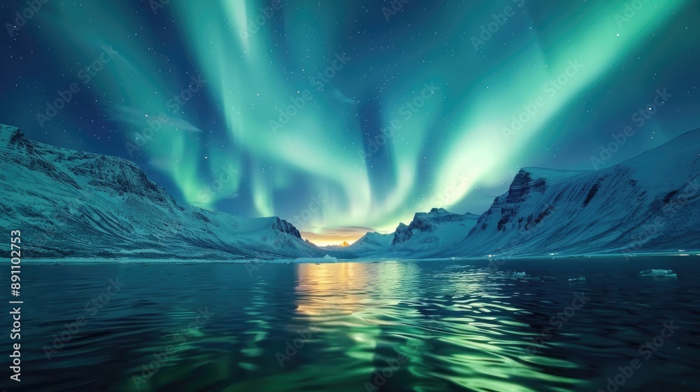 Aurora Borealis Over Snowy Mountain Landscape Aurora Borealis Over Snowy Mountain Landscape