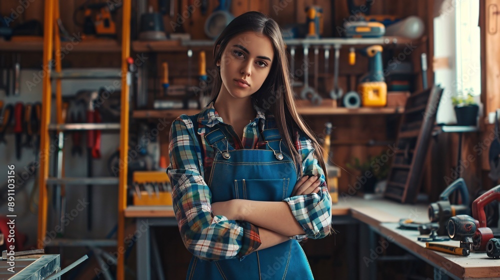 Image of woman laborer in coveralls in personal studio with equipment in the backdrop. Image of woman laborer in coveralls in personal studio with equipment in the backdrop.