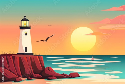 Coastal cliff with a lighthouse overlooking the ocean, illustration vector style cartoon  photo