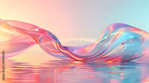3d render abstract background in nature landscape. Transparent glossy glass ribbon on water. Holographic curved wave in motion. Iridescent design element for banner background, wallpaper