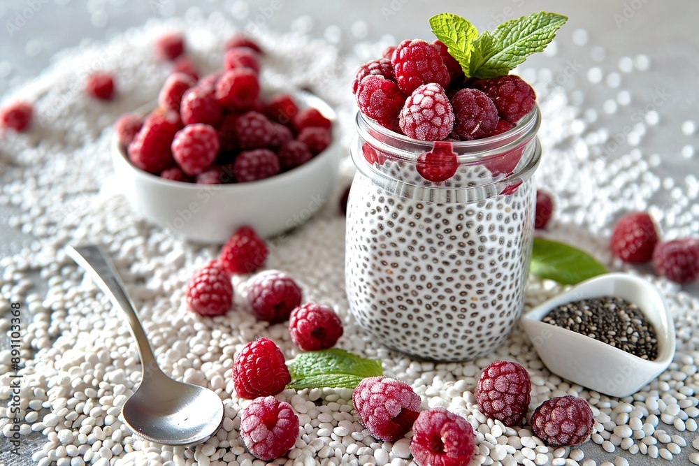 Chia pudding with raspberries in a mason jar Chia pudding with raspberries in a mason jar