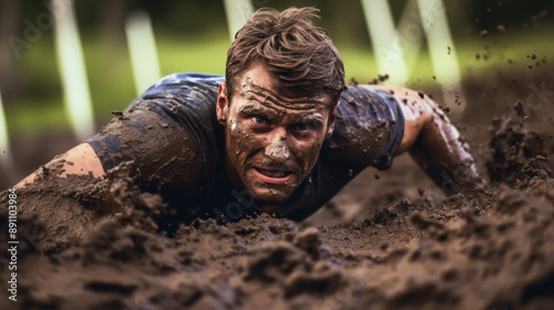 Closeup of strong athletic man crawling in wet muddy puddle in the rain in an extreme competitive sport © alexkich