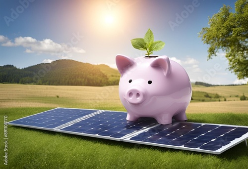 Save money with solar energy. A piggy bank on a solar energy panel symbolizes financial savings and eco-friendly energy solutions. Invest in solar power today