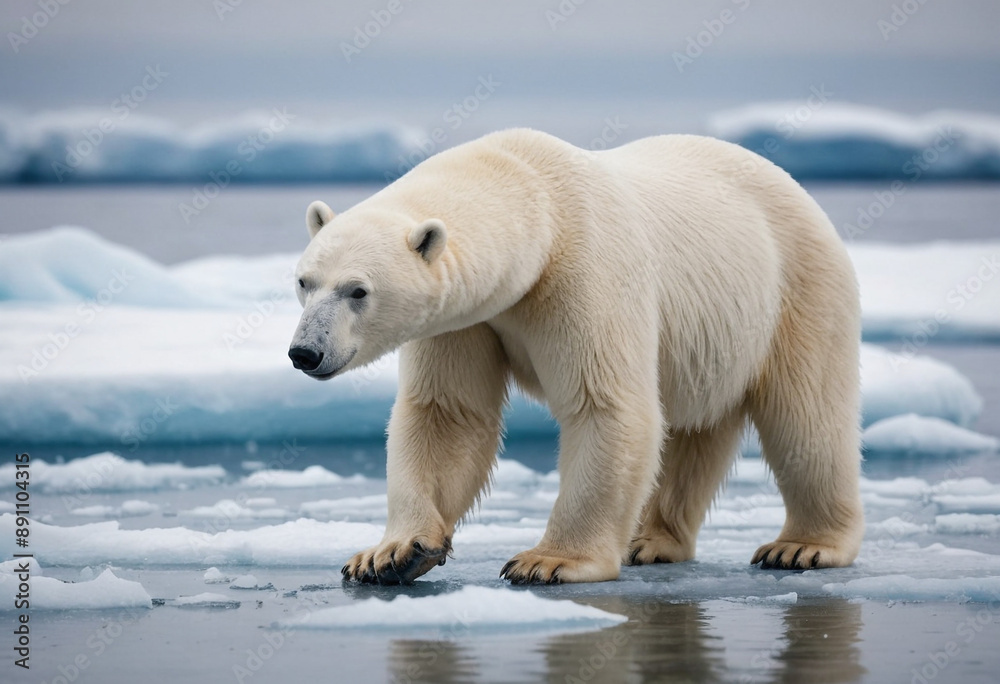 Polar bear searching for food on a shrinking ice sheet. Polar bear searching for food on a shrinking ice sheet.