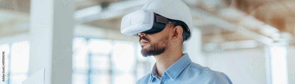 A man experiences immersive technology using a virtual reality headset in a modern indoor environment. A man experiences immersive technology using a virtual reality headset in a modern indoor environment.