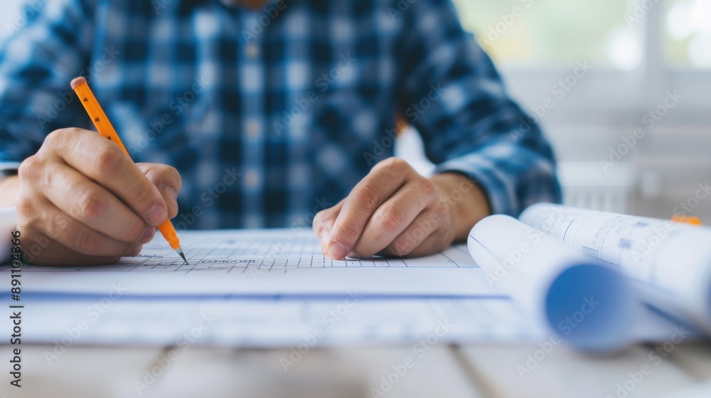 A person in a checkered shirt sketching plans on a document, showcasing creativity and design in a bright workspace.
