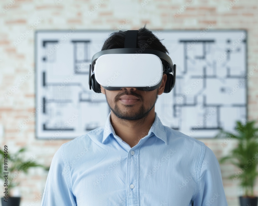 Man wearing virtual reality headset in modern office, experiencing immersive technology for work and play. Man wearing virtual reality headset in modern office, experiencing immersive technology for work and play.